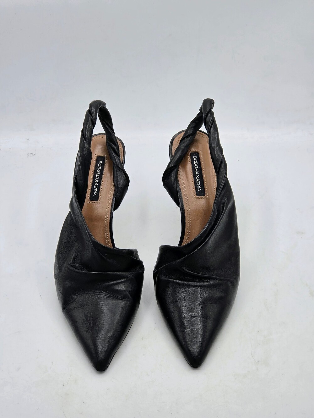 BCBGMAXAZRIA Black Leather Twisted Slingback Pointed Toe Heels Pumps 6.5